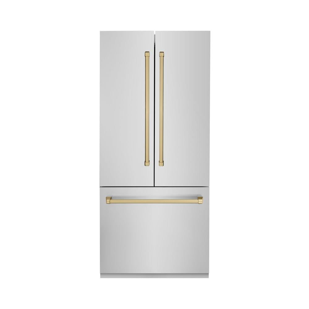 36”Autograph Edition 19.6 cu. ft. Built-in 3-Door French Door Refrigerator with Internal Water and Ice Dispenser in Stainless Steel with Champagne Bronze Accents RBIVZ30436CB
