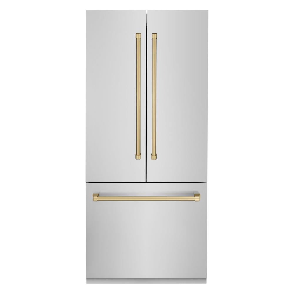 36”Autograph Edition 19.6 cu. ft. Built-in 3-Door French Door Refrigerator with Internal Water and Ice Dispenser in Stainless Steel with Champagne Bronze Accents RBIVZ30436CB