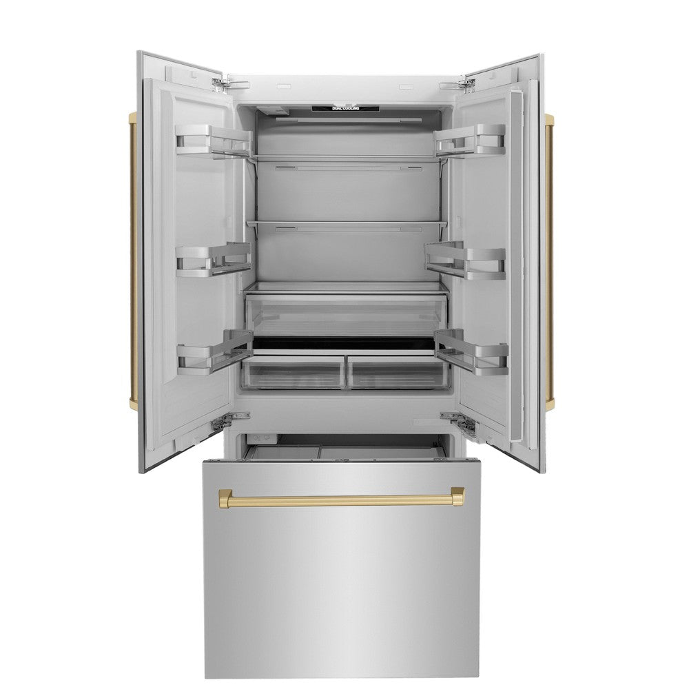 36”Autograph Edition 19.6 cu. ft. Built-in 3-Door French Door Refrigerator with Internal Water and Ice Dispenser in Stainless Steel with Champagne Bronze Accents RBIVZ30436CB