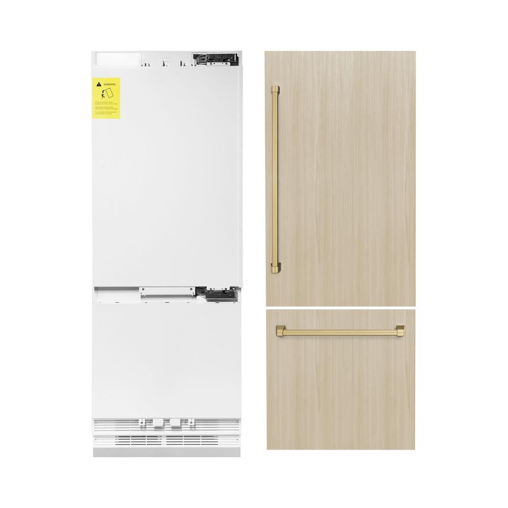 ZLINE Autograph Edition 30 in. 16.1 cu. ft. Panel Ready Built-In Bottom Freezer Refrigerator with Water Dispenser and Ice Maker with Champagne Bronze Accents (RBIVZ-30-CB) RBIVZ30CB