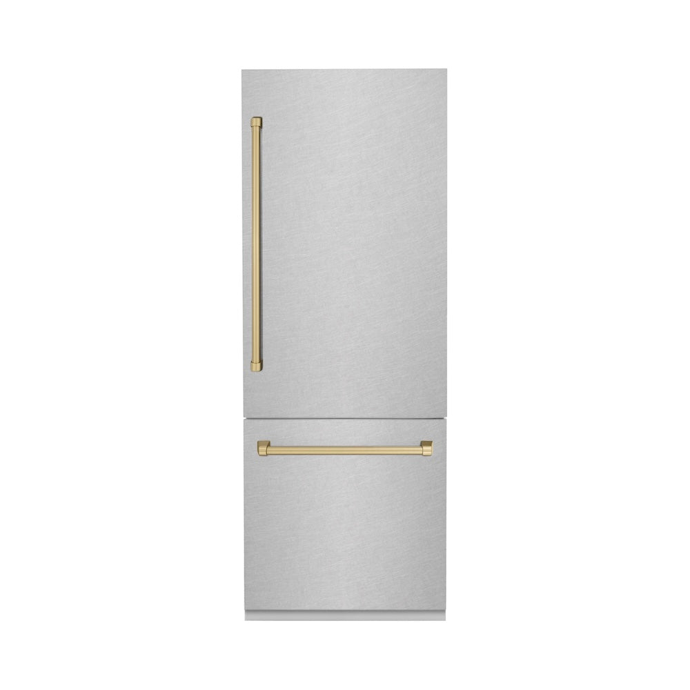 30”Autograph Edition 16.1 cu. ft. Built-in 2-Door Bottom Freezer Refrigerator with Internal Water and Ice Dispenser in Fingerprint Resistant Stainless Steel with Champagne Bronze Accents RBIVZSN30CB