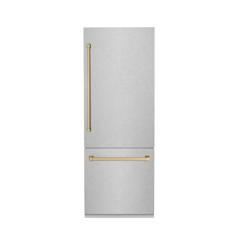 30”Autograph Edition 16.1 cu. ft. Built-in 2-Door Bottom Freezer Refrigerator with Internal Water and Ice Dispenser in Fingerprint Resistant Stainless Steel with Champagne Bronze Accents RBIVZSN30CB