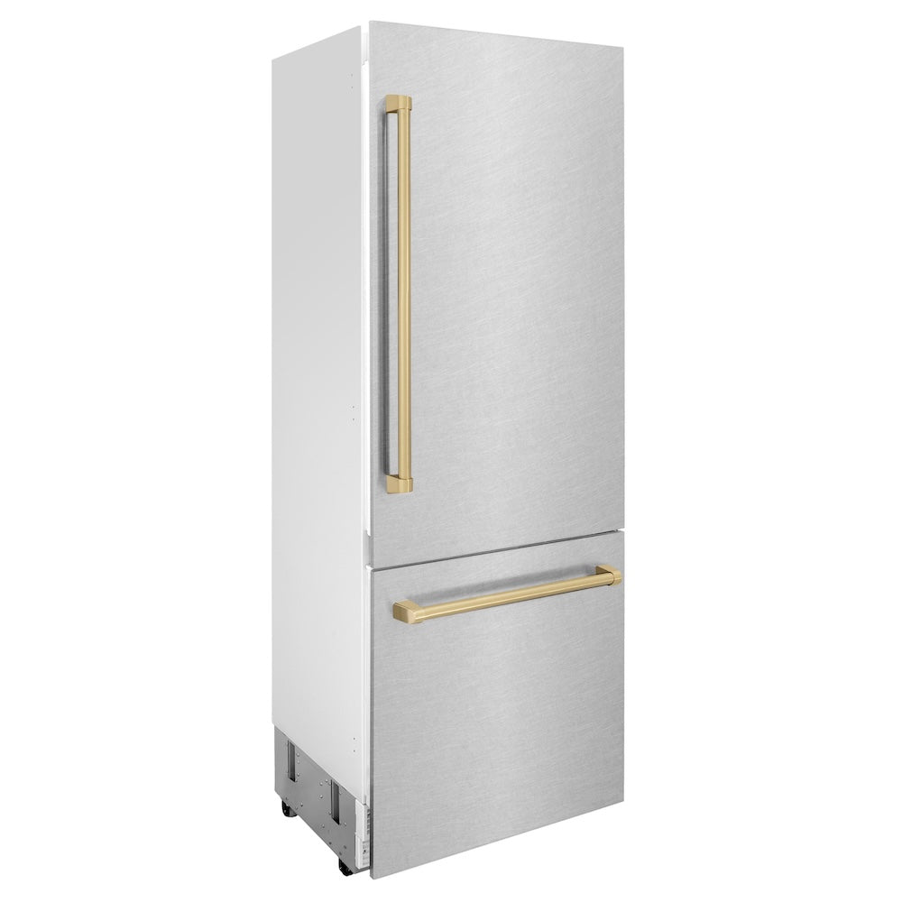 30”Autograph Edition 16.1 cu. ft. Built-in 2-Door Bottom Freezer Refrigerator with Internal Water and Ice Dispenser in Fingerprint Resistant Stainless Steel with Champagne Bronze Accents RBIVZSN30CB