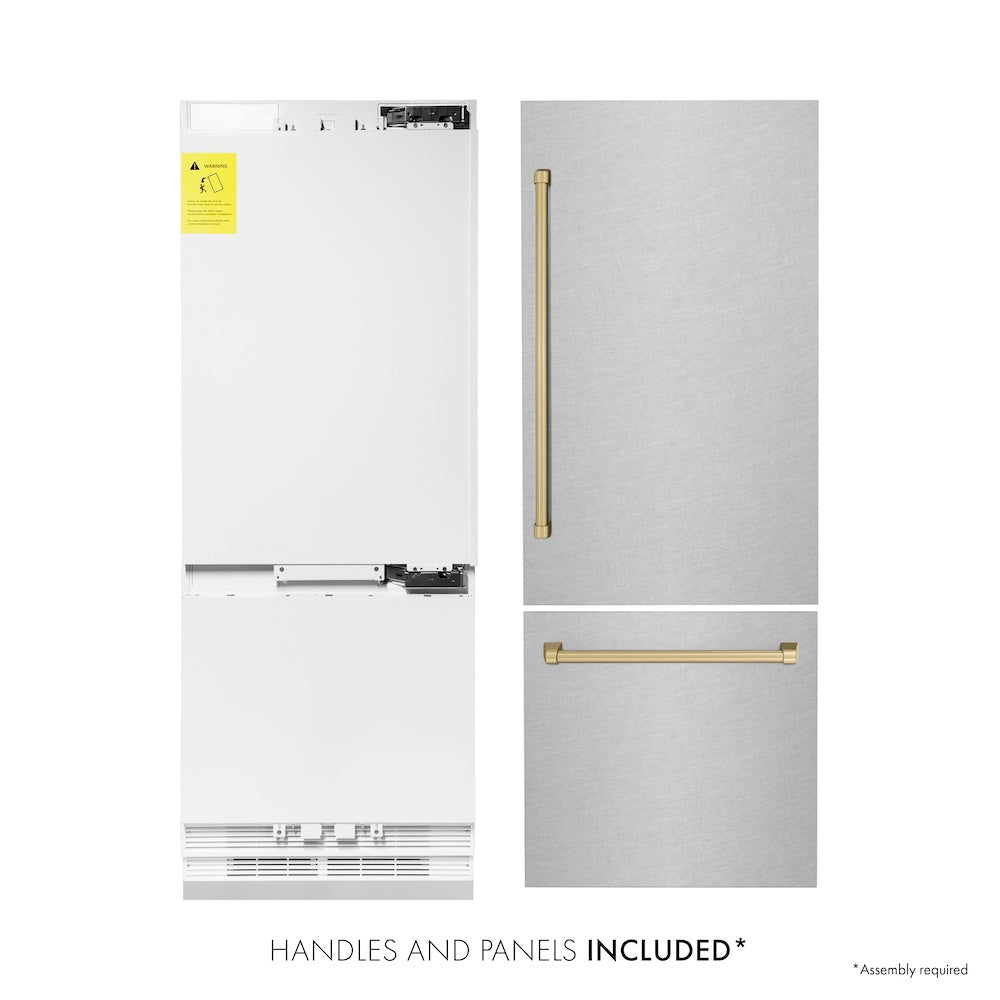 30”Autograph Edition 16.1 cu. ft. Built-in 2-Door Bottom Freezer Refrigerator with Internal Water and Ice Dispenser in Fingerprint Resistant Stainless Steel with Champagne Bronze Accents RBIVZSN30CB