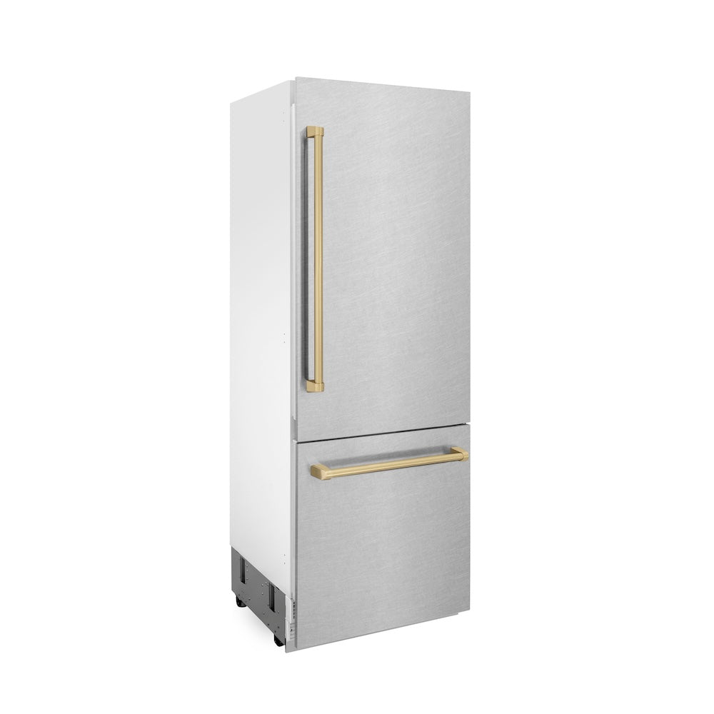30”Autograph Edition 16.1 cu. ft. Built-in 2-Door Bottom Freezer Refrigerator with Internal Water and Ice Dispenser in Fingerprint Resistant Stainless Steel with Champagne Bronze Accents RBIVZSN30CB
