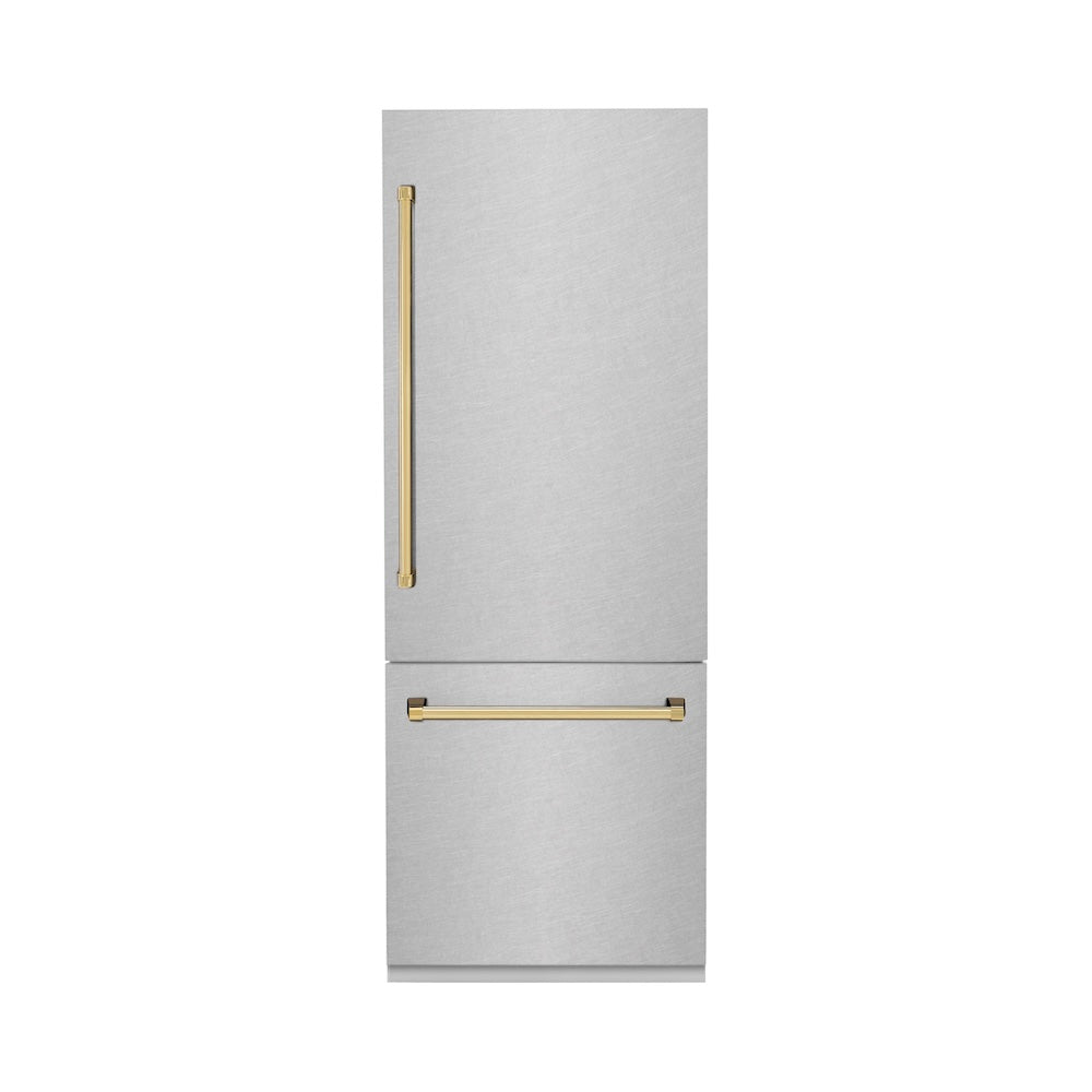 30”Autograph Edition 16.1 cu. ft. Built-in 2-Door Bottom Freezer Refrigerator with Internal Water and Ice Dispenser in Fingerprint Resistant Stainless Steel with Polished Gold Accents RBIVZSN30G