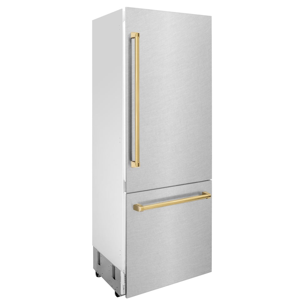 30”Autograph Edition 16.1 cu. ft. Built-in 2-Door Bottom Freezer Refrigerator with Internal Water and Ice Dispenser in Fingerprint Resistant Stainless Steel with Polished Gold Accents RBIVZSN30G