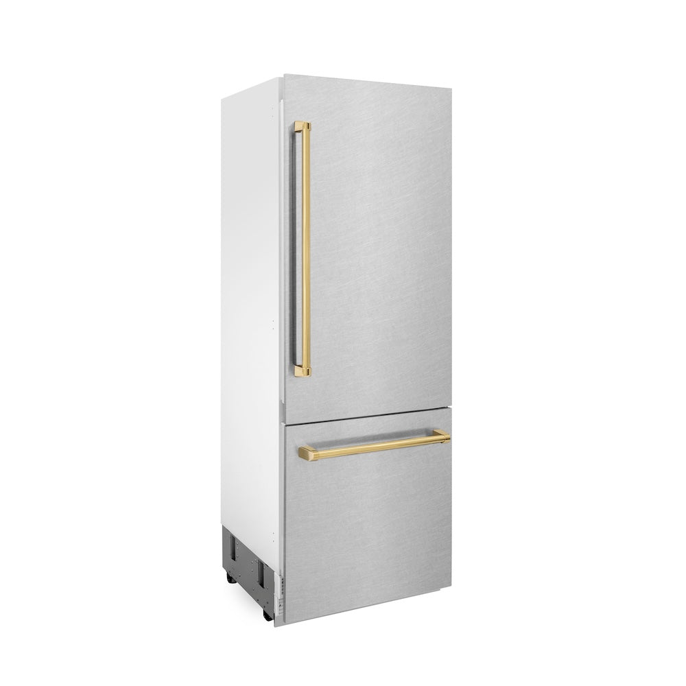 30”Autograph Edition 16.1 cu. ft. Built-in 2-Door Bottom Freezer Refrigerator with Internal Water and Ice Dispenser in Fingerprint Resistant Stainless Steel with Polished Gold Accents RBIVZSN30G