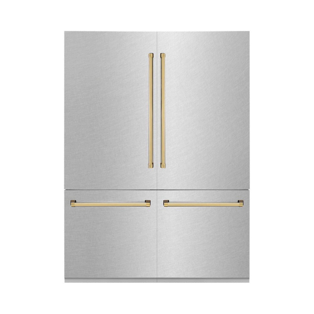 60"Autograph Edition 32.2 cu. ft. Built-in 4-Door French Door Refrigerator with Internal Water and Ice Dispenser in Fingerprint Resistant Stainless Steel with Polished Gold Accents RBIVZSN60G
