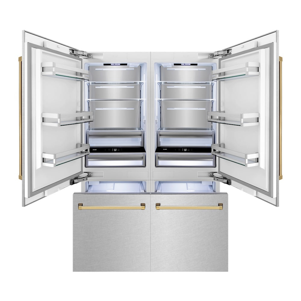 60"Autograph Edition 32.2 cu. ft. Built-in 4-Door French Door Refrigerator with Internal Water and Ice Dispenser in Fingerprint Resistant Stainless Steel with Polished Gold Accents RBIVZSN60G