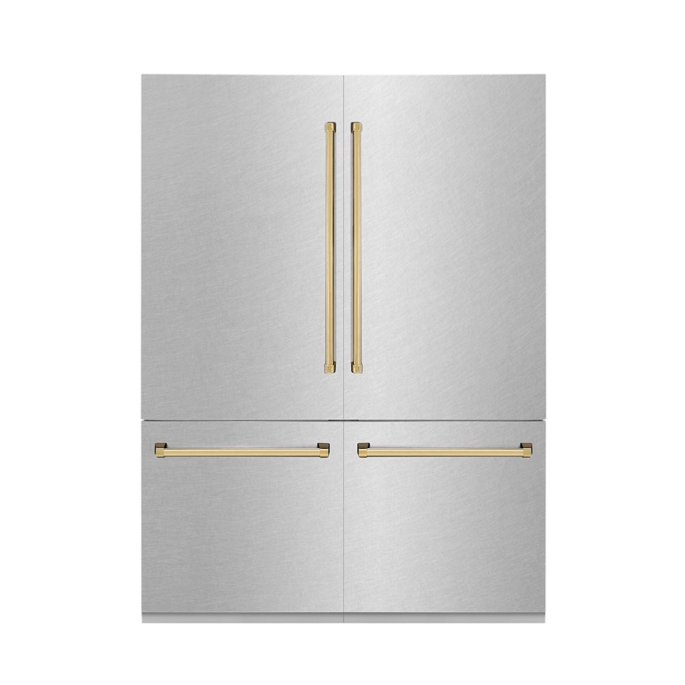 60"Autograph Edition 32.2 cu. ft. Built-in 4-Door French Door Refrigerator with Internal Water and Ice Dispenser in Fingerprint Resistant Stainless Steel with Polished Gold Accents RBIVZSN60G