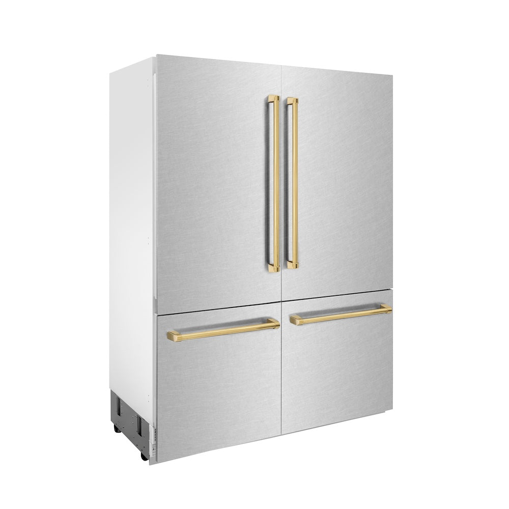 60"Autograph Edition 32.2 cu. ft. Built-in 4-Door French Door Refrigerator with Internal Water and Ice Dispenser in Fingerprint Resistant Stainless Steel with Polished Gold Accents RBIVZSN60G