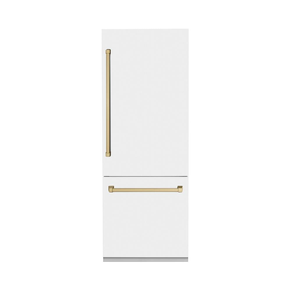 30”Autograph Edition 16.1 cu. ft. Built-in 2-Door Bottom Freezer Refrigerator with Internal Water and Ice Dispenser in White Matte with Champagne Bronze Accents RBIVZWM30CB
