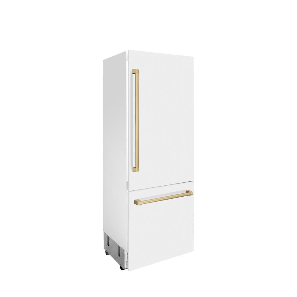 30”Autograph Edition 16.1 cu. ft. Built-in 2-Door Bottom Freezer Refrigerator with Internal Water and Ice Dispenser in White Matte with Champagne Bronze Accents RBIVZWM30CB