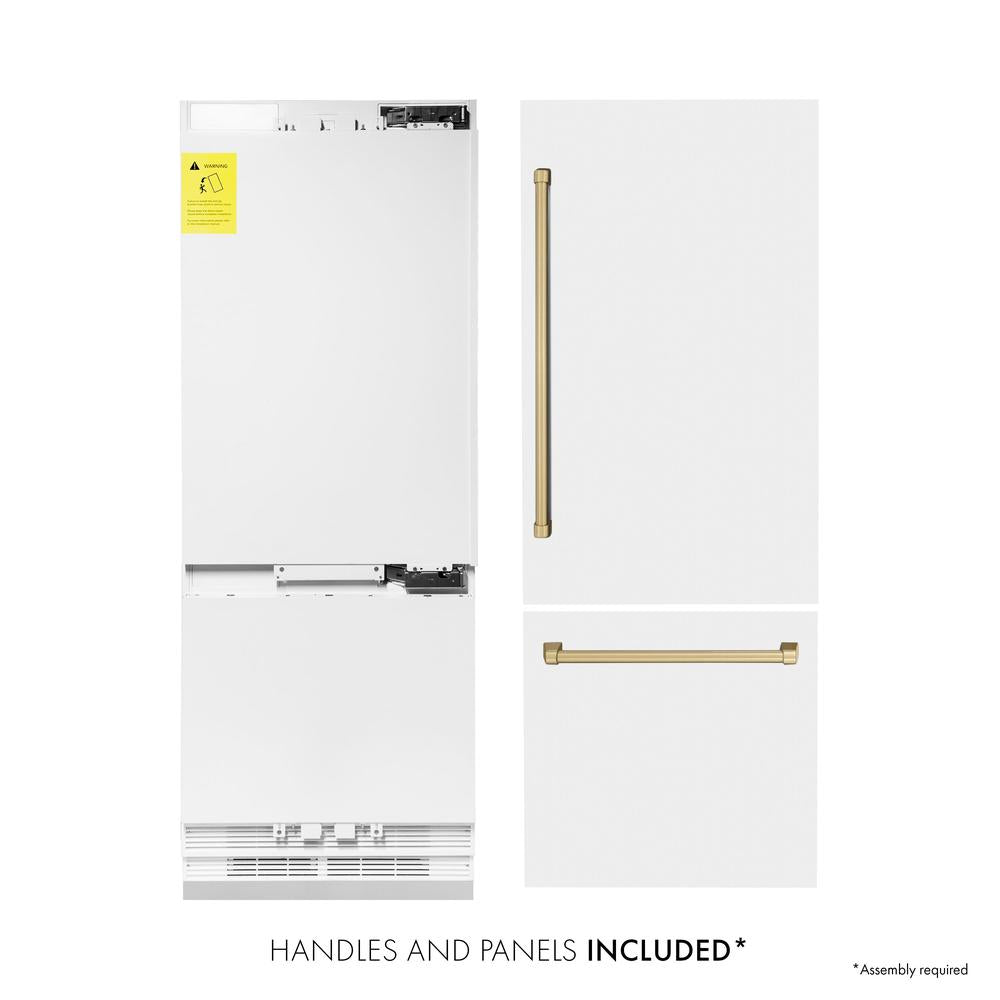 30”Autograph Edition 16.1 cu. ft. Built-in 2-Door Bottom Freezer Refrigerator with Internal Water and Ice Dispenser in White Matte with Champagne Bronze Accents RBIVZWM30CB