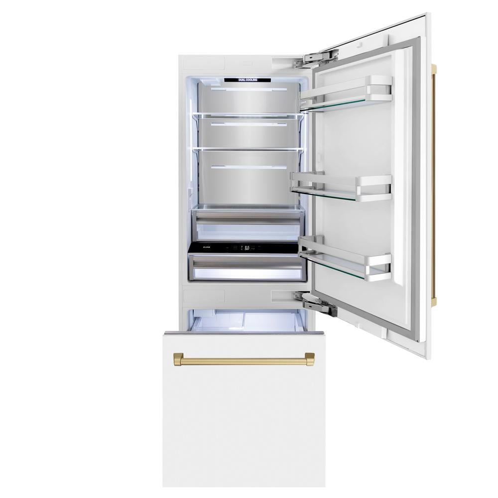 30”Autograph Edition 16.1 cu. ft. Built-in 2-Door Bottom Freezer Refrigerator with Internal Water and Ice Dispenser in White Matte with Champagne Bronze Accents RBIVZWM30CB