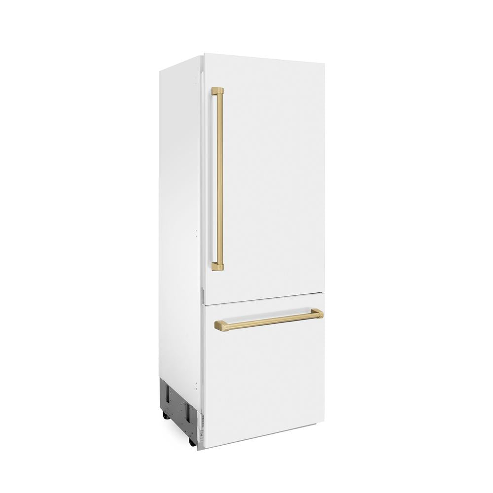 30”Autograph Edition 16.1 cu. ft. Built-in 2-Door Bottom Freezer Refrigerator with Internal Water and Ice Dispenser in White Matte with Champagne Bronze Accents RBIVZWM30CB