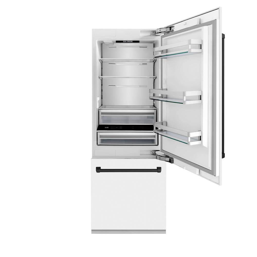 30”Autograph Edition 16.1 cu. ft. Built-in 2-Door Bottom Freezer Refrigerator with Internal Water and Ice Dispenser in White Matte with Matte Black Accents RBIVZWM30MB