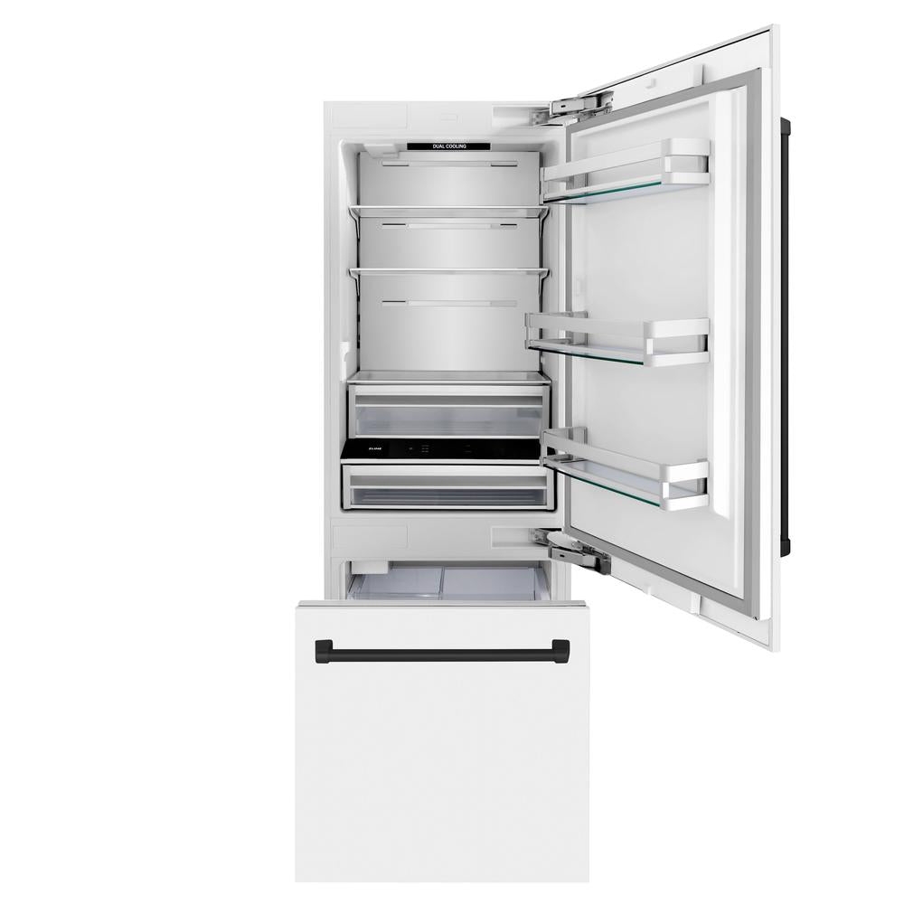 30”Autograph Edition 16.1 cu. ft. Built-in 2-Door Bottom Freezer Refrigerator with Internal Water and Ice Dispenser in White Matte with Matte Black Accents RBIVZWM30MB