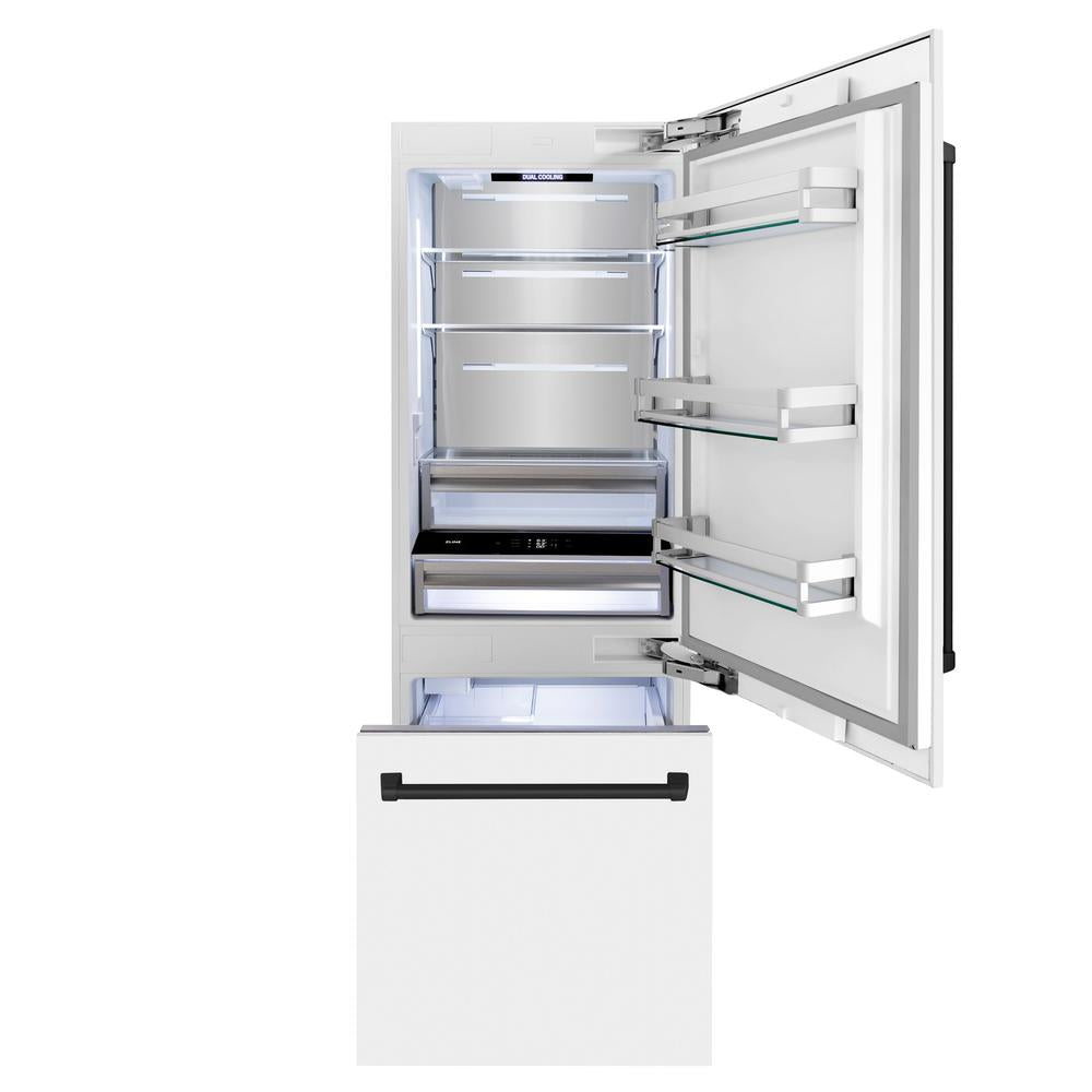30”Autograph Edition 16.1 cu. ft. Built-in 2-Door Bottom Freezer Refrigerator with Internal Water and Ice Dispenser in White Matte with Matte Black Accents RBIVZWM30MB