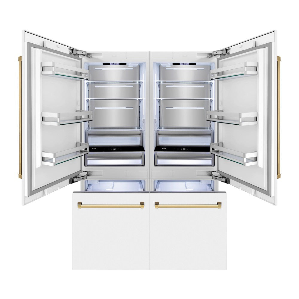 60"Autograph Edition 32.2 cu. ft. Built-in 4-Door French Door Refrigerator with Internal Water and Ice Dispenser in White Matte with Polished Gold Accents RBIVZWM60G