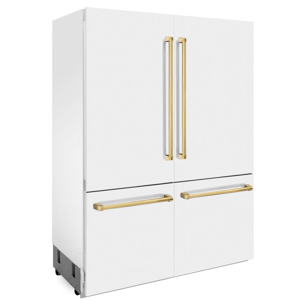 60"Autograph Edition 32.2 cu. ft. Built-in 4-Door French Door Refrigerator with Internal Water and Ice Dispenser in White Matte with Polished Gold Accents RBIVZWM60G
