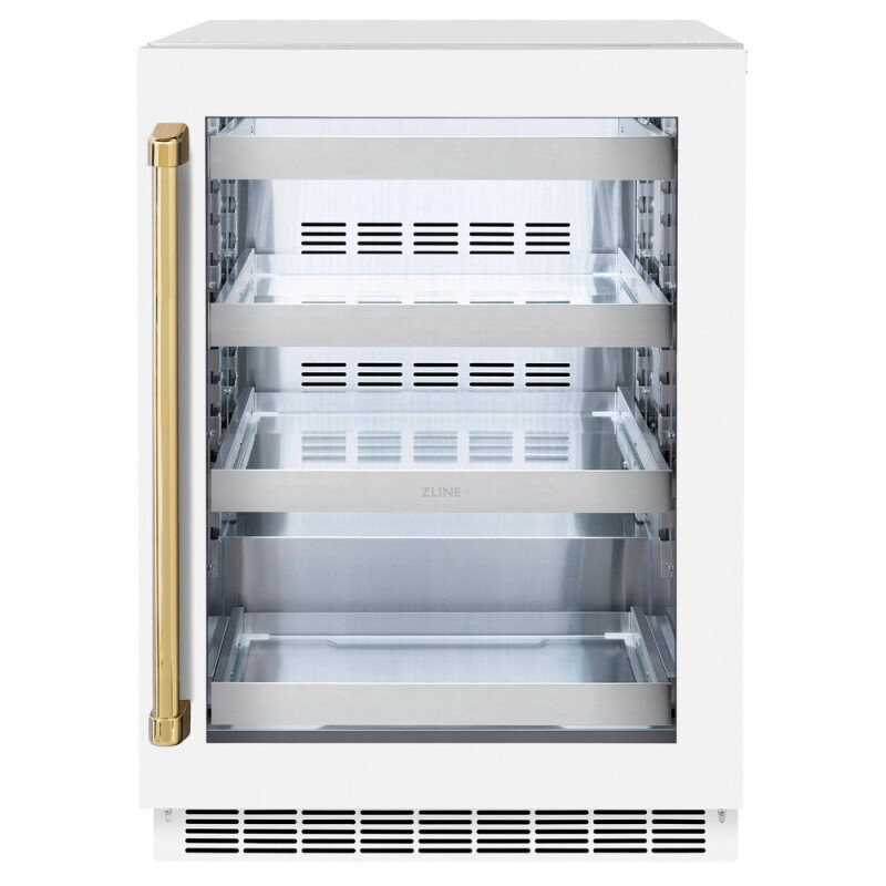 ZLINE ZLINE Autograph Edition 24 in. Touchstone 151 Can Beverage Fridge With White Matte Glass Door And Polished Gold Handle (RBSOZ-WM-24-G) White Matte RBSOZWM24G Picture 1