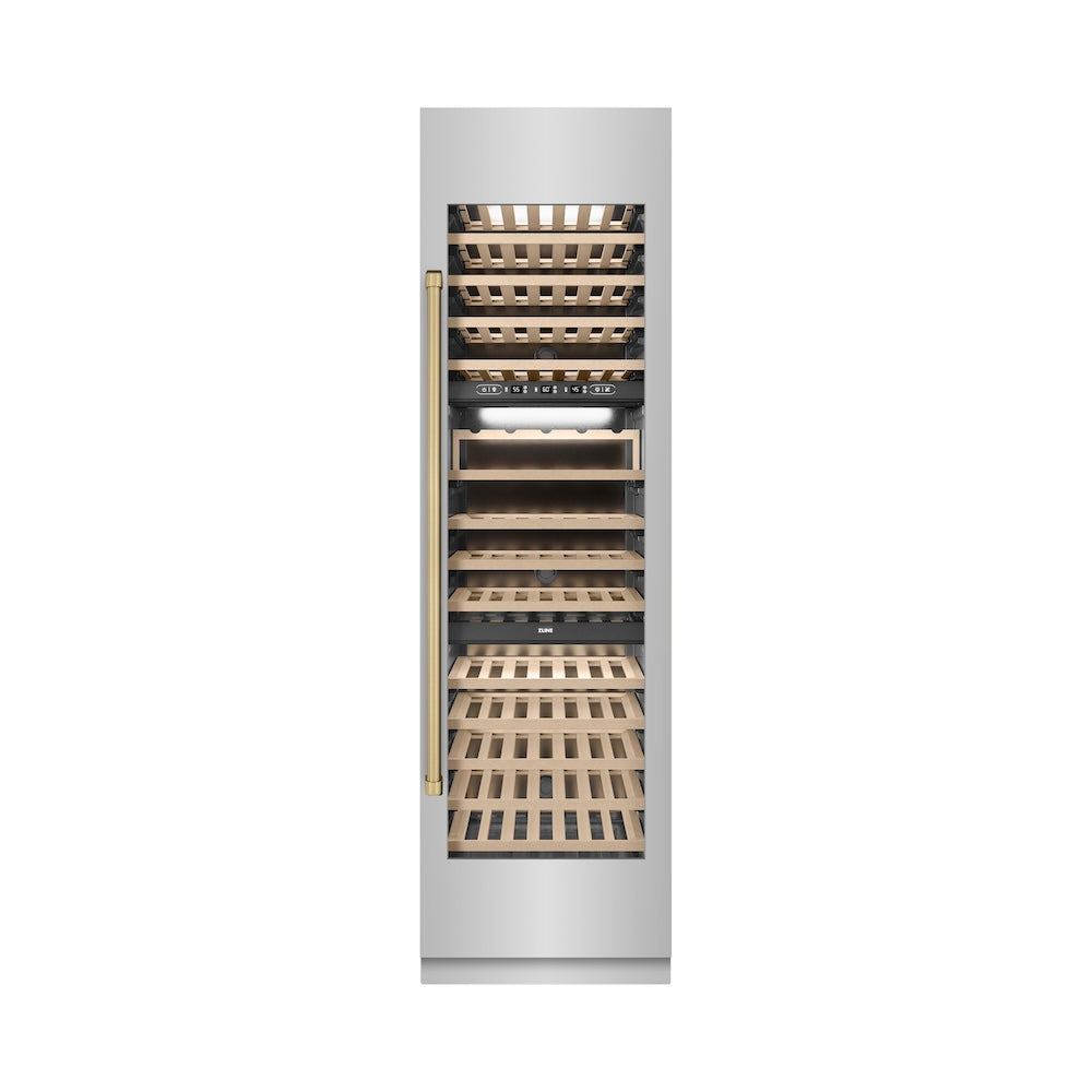 ZLINE Autograph Edition 24 in. 12.4 cu. ft. Triple Zone 100 Bottle Column Wine Cooler in Stainless Steel and Champagne Bronze Accents (RCWVZ-304-24-CB) RCWVZ30424CB