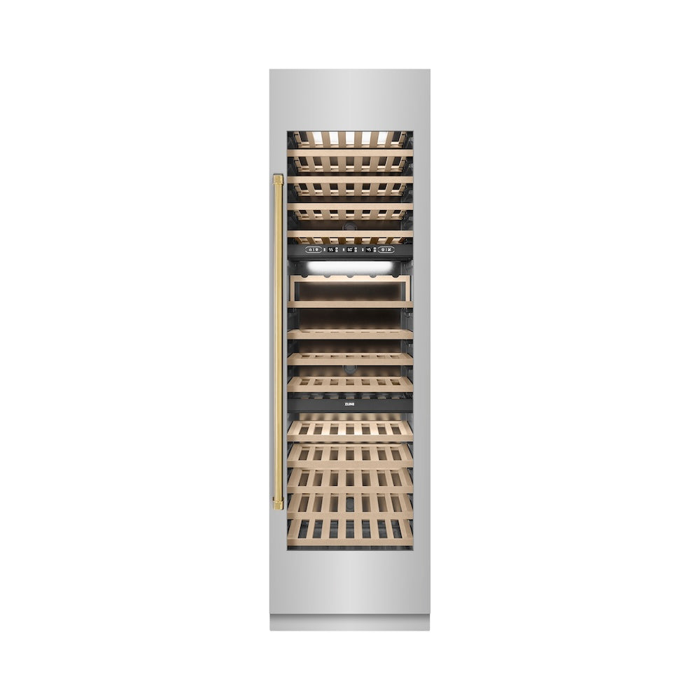 ZLINE Autograph Edition 24 in. 12.4 cu. ft. Triple Zone 100 Bottle Column Wine Cooler in Stainless Steel and Polished Gold Accents (RCWVZ-304-24-G) RCWVZ30424G