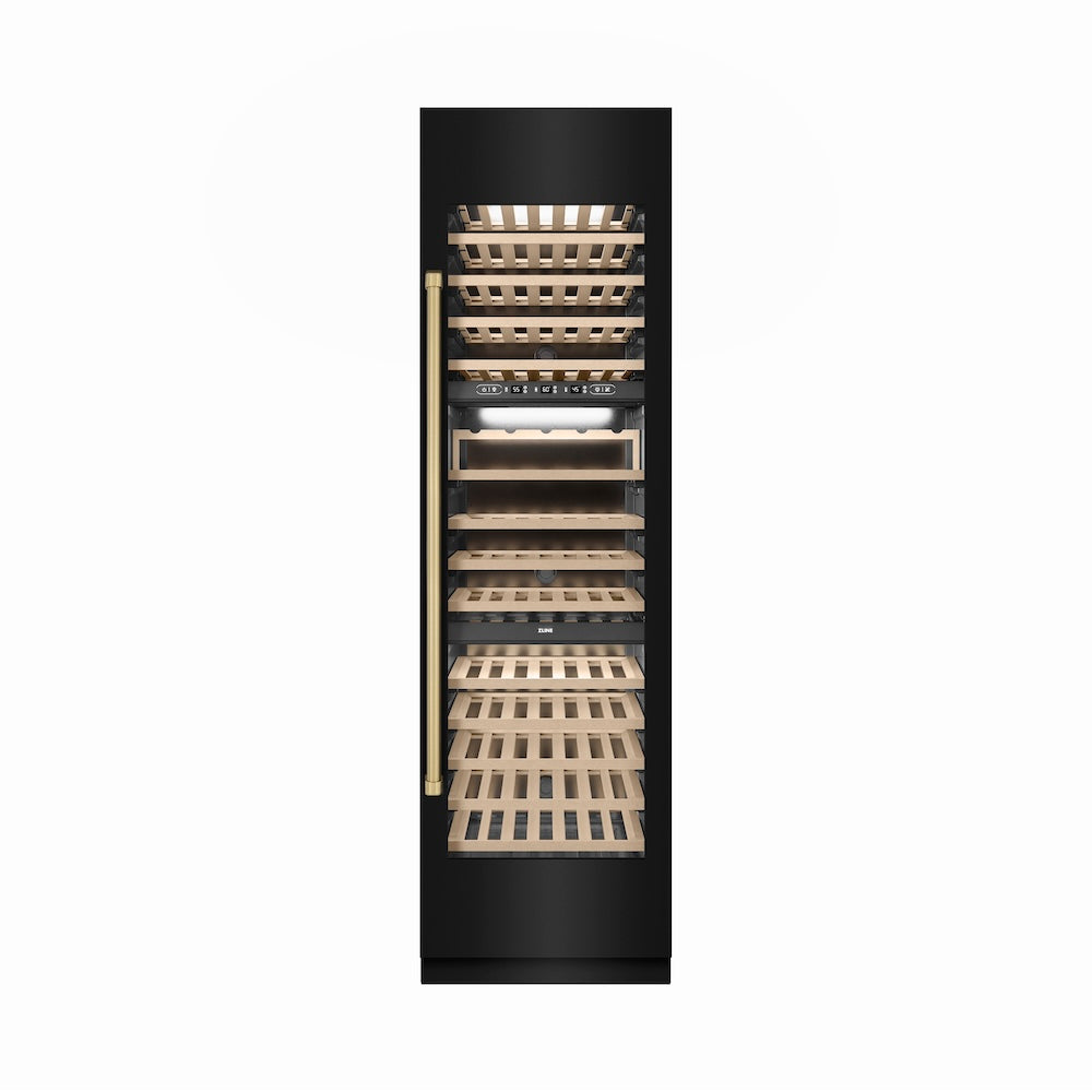 ZLINE Autograph Edition 24 in. 12.4 cu. ft. Triple Zone 100 Bottle Column Wine Cooler in Black Stainless Steel and Champagne Bronze Accents (RCWVZ-BS-24-CB) RCWVZBS24CB