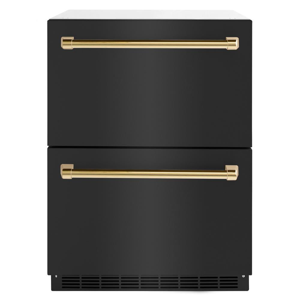 ZLINE Autograph Edition 24 in. Touchstone 168 Can Outdoor-Rated Dual Refrigerator Drawer with Black Stainless Steel Doors and Polished Gold Handles (RDSOZ-BS-24-G) RDSOZBS24G