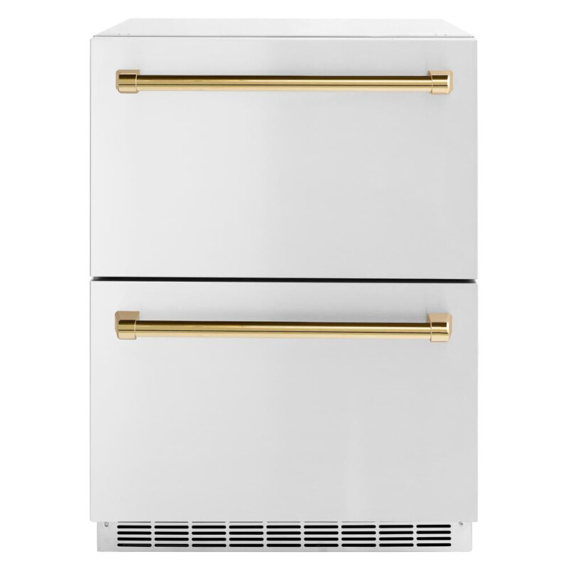 ZLINE Autograph Edition 24 in. Touchstone 168 Can Outdoor-Rated Dual Refrigerator Drawer with Stainless Steel Doors and Polished Gold Handles (RDSOZ-ST-24-G) RDSOZST24G