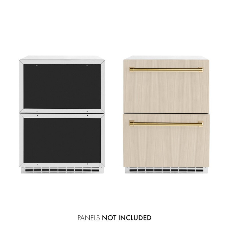 ZLINE Autograph Edition 24 in. Touchstone 168 Can Outdoor-Rated Dual Refrigerator Drawer with Panel-Ready Doors and Polished Gold Handles (RDSPOZ-24-G) RDSPOZ24G