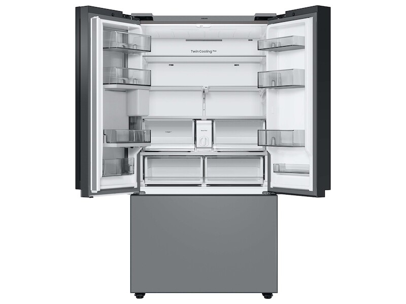 Bespoke 3 Door French Door Refrigerator 24 Cu Ft With Top Left And Family HubIn White Glass And Matte Grey Glass Bottom Door Panel RF24BB69006MAA