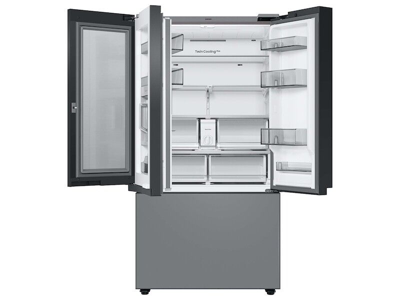 Bespoke 3 Door French Door Refrigerator 24 Cu Ft With Top Left And Family HubIn White Glass And Matte Grey Glass Bottom Door Panel RF24BB69006MAA