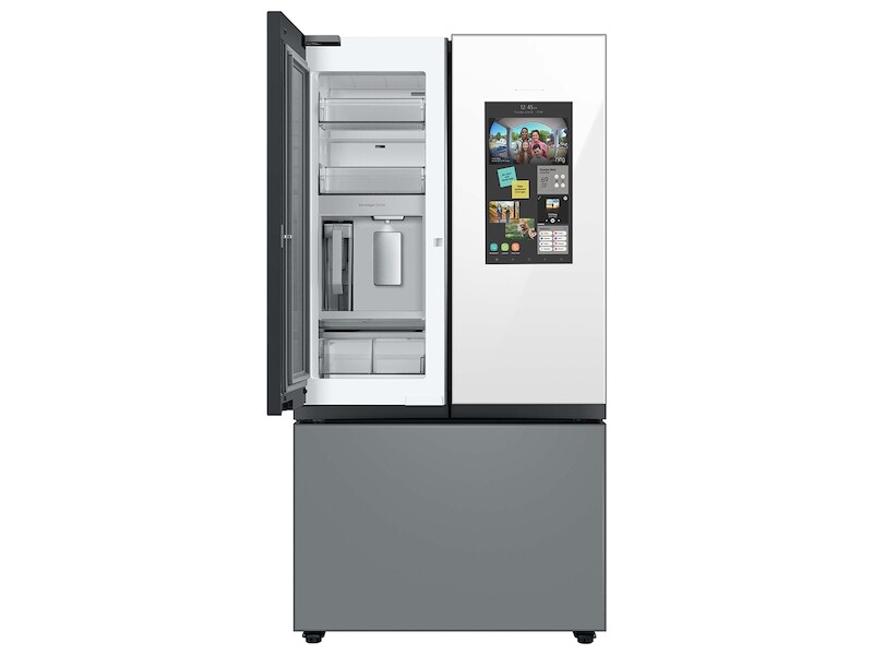 Bespoke 3 Door French Door Refrigerator 24 Cu Ft With Top Left And Family HubIn White Glass And Matte Grey Glass Bottom Door Panel RF24BB69006MAA