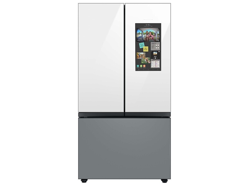 Bespoke 3 Door French Door Refrigerator 24 Cu Ft With Top Left And Family HubIn White Glass And Matte Grey Glass Bottom Door Panel RF24BB69006MAA