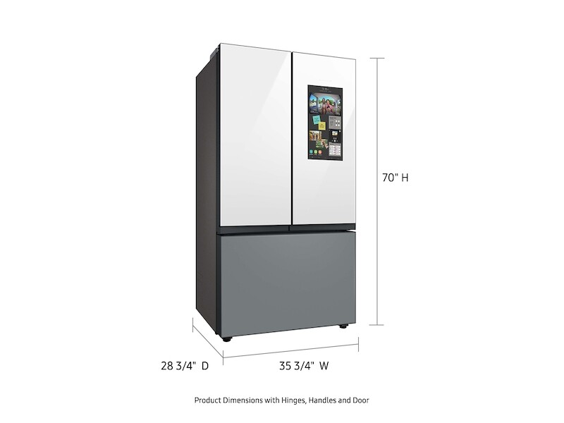 Bespoke 3 Door French Door Refrigerator 24 Cu Ft With Top Left And Family HubIn White Glass And Matte Grey Glass Bottom Door Panel RF24BB69006MAA