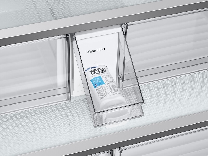 Bespoke 3 Door French Door Refrigerator 24 Cu Ft With Top Left And Family HubIn White Glass And Matte Grey Glass Bottom Door Panel RF24BB69006MAA