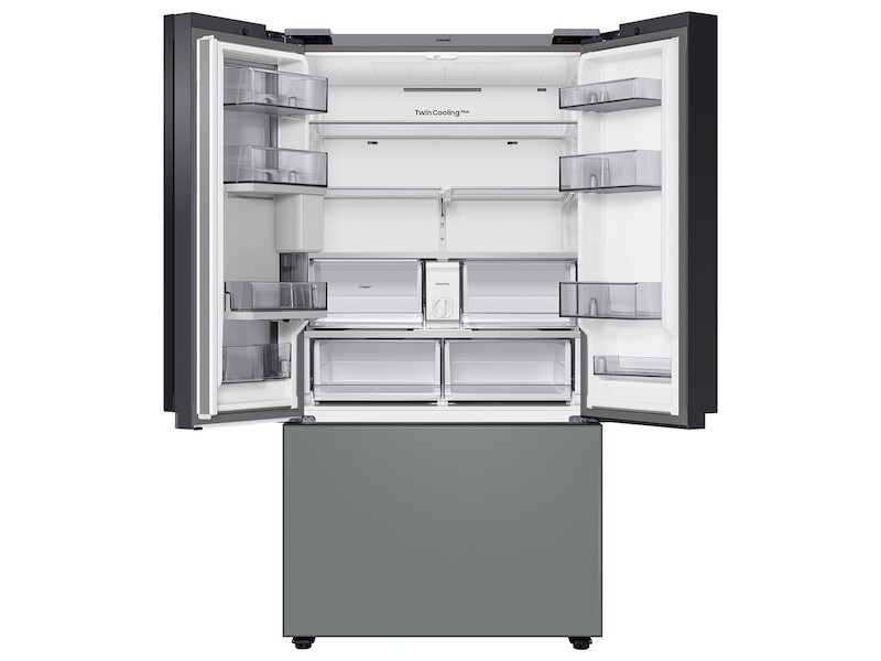 Samsung Bespoke 3-Door French Door Refrigerator (30 cu. ft.) – with Top Left and Family Hub™ Panel in White Glass - and Matte Grey Glass Bottom Door Panel Charcoal Glass / Matte Black Steel RF30BB69006MAA Picture 1