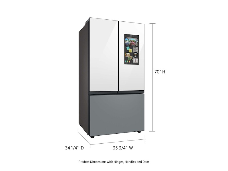 Bespoke 3-Door French Door Refrigerator (30 cu. ft.) – with Top Left and Family Hub™ Panel in White Glass - and Matte Grey Glass Bottom Door Panel RF30BB69006MAA