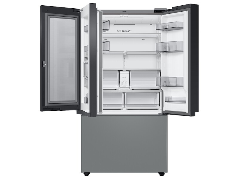 Bespoke 3-Door French Door Refrigerator (30 cu. ft.) – with Top Left and Family Hub™ Panel in White Glass - and Matte Grey Glass Bottom Door Panel RF30BB69006MAA
