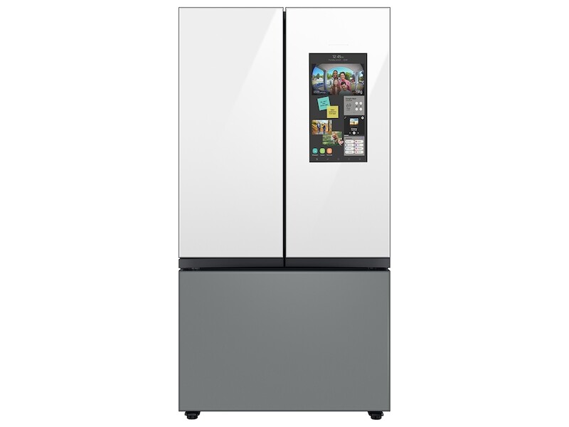 Bespoke 3-Door French Door Refrigerator (30 cu. ft.) – with Top Left and Family Hub™ Panel in White Glass - and Matte Grey Glass Bottom Door Panel RF30BB69006MAA