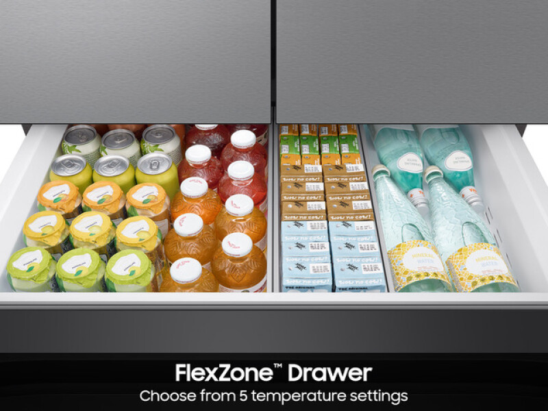 Bespoke 29 cu. ft. 4-Door French Door Refrigerator with Inner Beverage Center™ & FlexZone™ Drawer in Stainless Steel RF70F29DERAA