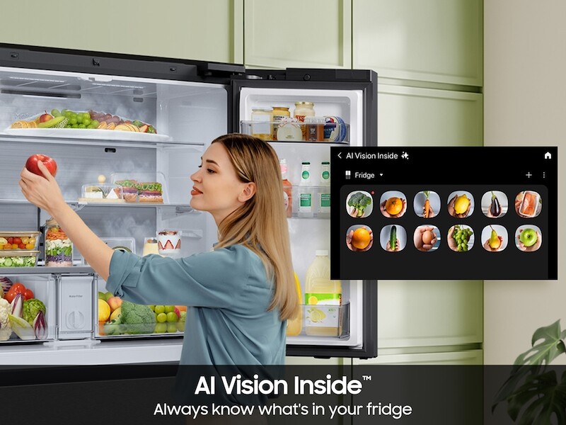 Bespoke 23 cu. ft. Counter Depth 4-Door French Door Refrigerator with AI Home & AI Vision Inside in Charcoal Glass and Stainless Steel RF90F23BECR