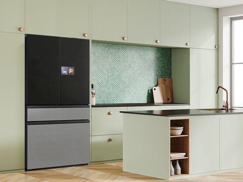 Bespoke 23 cu. ft. Counter Depth 4-Door French Door Refrigerator with AI Home & AI Vision Inside in Charcoal Glass and Stainless Steel RF90F23BECR