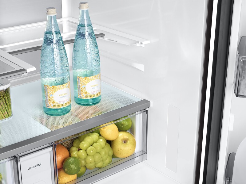 Bespoke 29 cu. ft. 4-Door French Door Refrigerator with AI Family Hub™+ & AI Vision Inside™ in Charcoal Glass and Stainless Steel RF90F29AECRAA