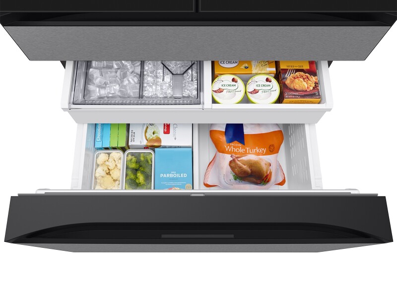 Bespoke 29 cu. ft. 4-Door French Door Refrigerator with AI Family Hub™+ & AI Vision Inside™ in Charcoal Glass and Stainless Steel RF90F29AECRAA