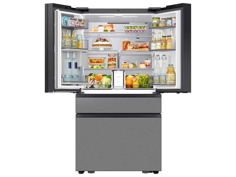 Bespoke 29 cu. ft. 4-Door French Door Refrigerator with AI Family Hub™+ & AI Vision Inside™ in Charcoal Glass and Stainless Steel RF90F29AECRAA