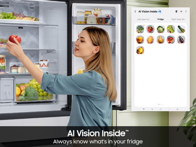 Bespoke 29 cu. ft. 4-Door French Door Refrigerator with AI Family Hub™+ & AI Vision Inside™ in White Glass RF90F29AEWAA